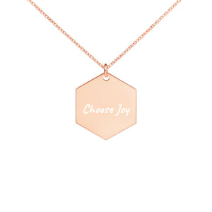 Choose Joy Engraved Silver Hexagon Necklace in Rose Gold
